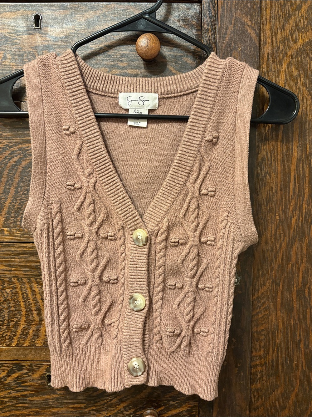 ⁠Jessica Simpson Taupe Brown Cable Knit Button Front Sweater Vest⁠